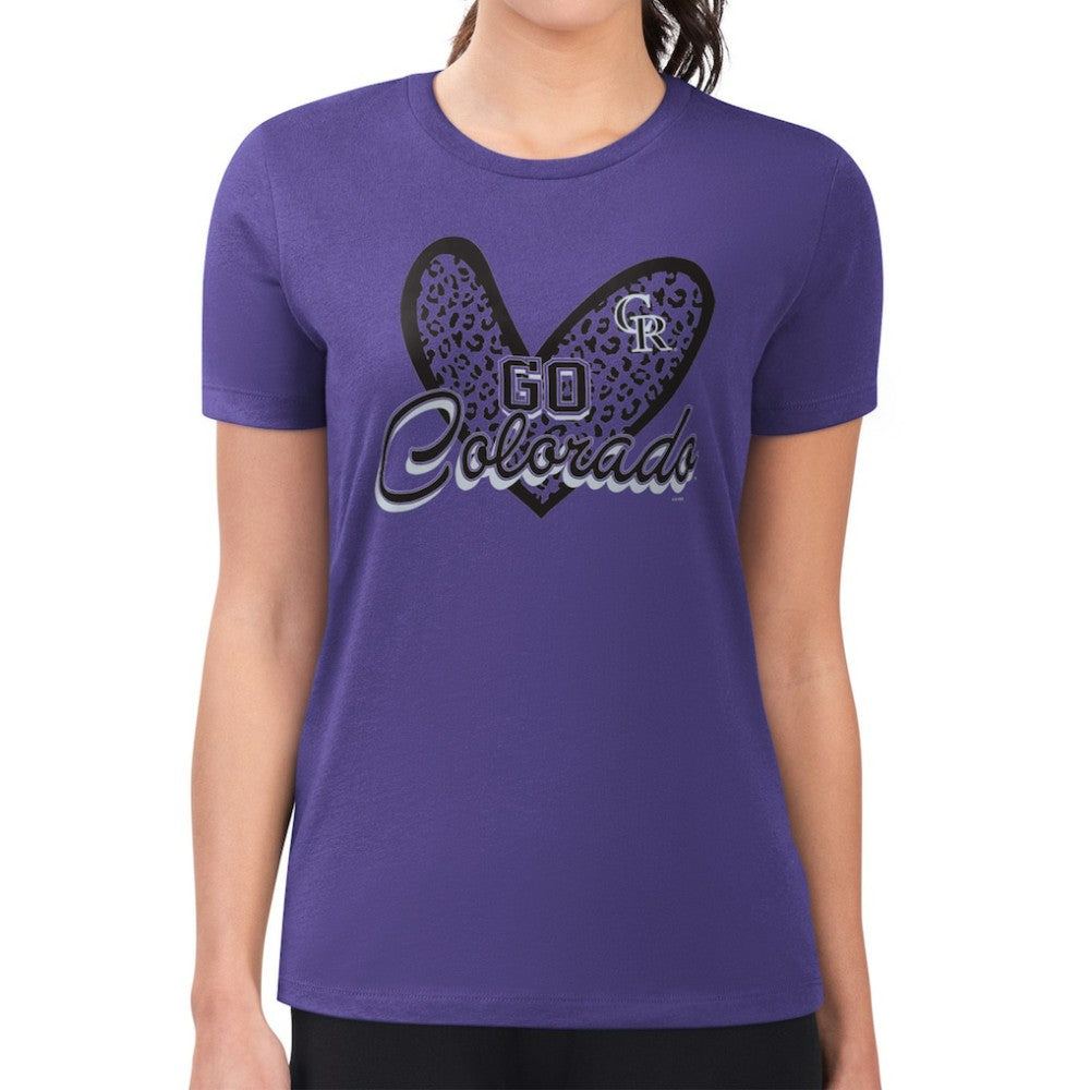 Colorado Rockies G-III 4Her by Carl Banks Women's Super-Slim Fit Lightweight Leopard Heart T-Shirt - Purple