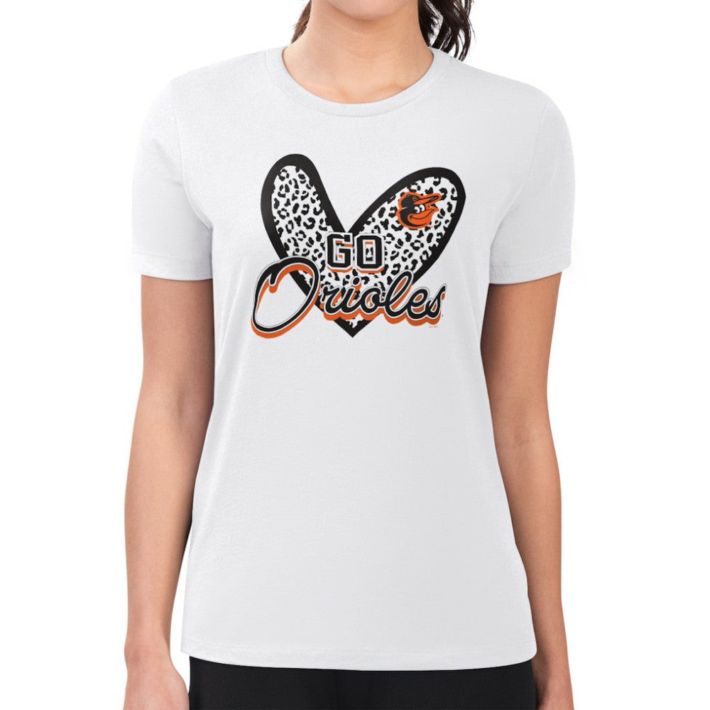 Baltimore Orioles G-III 4Her by Carl Banks Women's Super-Slim Fit Lightweight Leopard Heart T-Shirt - White