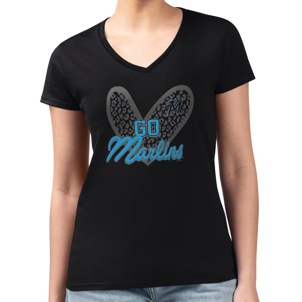 Miami Marlins G-III 4Her by Carl Banks Women's Super-Slim Fit Lightweight Leopard Heart V-Neck T-Shirt - Black