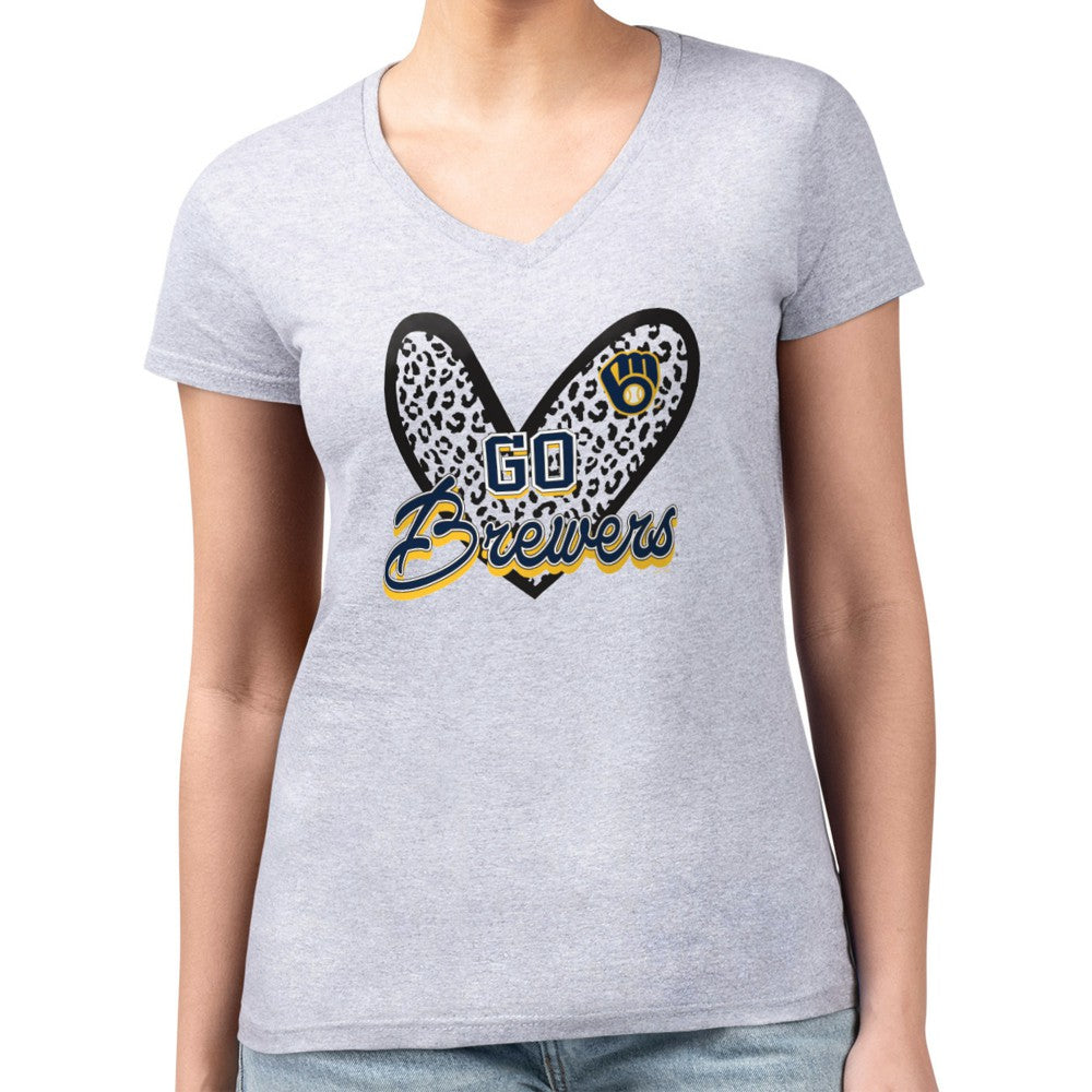 Milwaukee Brewers G-III 4Her by Carl Banks Women's Super-Slim Fit Lightweight Leopard Heart V-Neck T-Shirt - Heather Gray