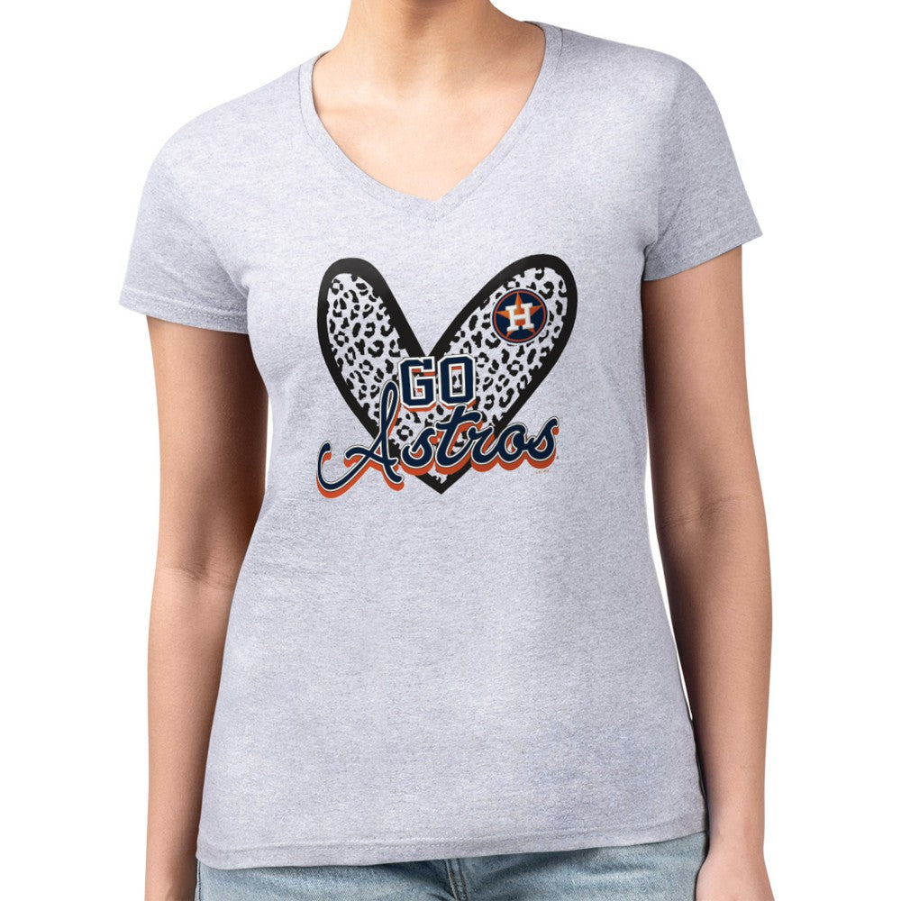 Houston Astros G-III 4Her by Carl Banks Women's Super-Slim Fit Lightweight Leopard Heart V-Neck T-Shirt - Heather Gray