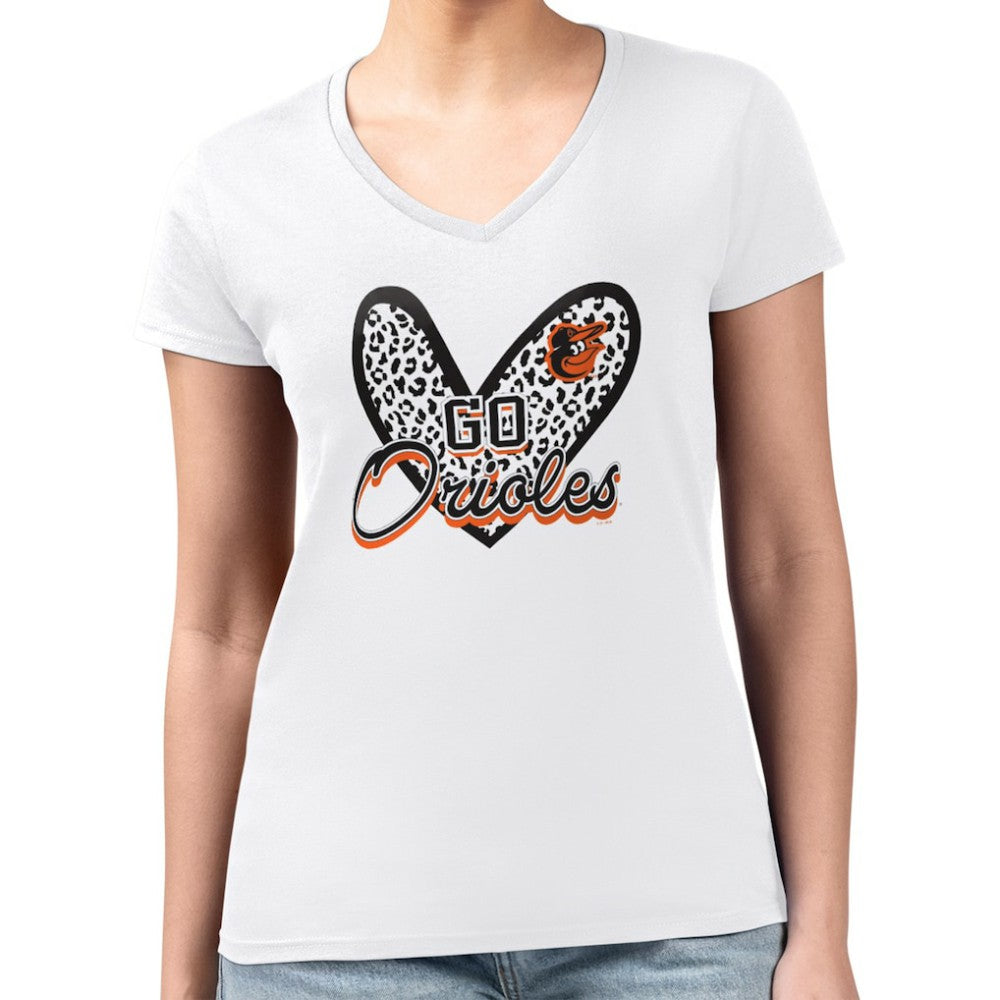 Baltimore Orioles G-III 4Her by Carl Banks Women's Super-Slim Fit Lightweight Leopard Heart V-Neck T-Shirt - White