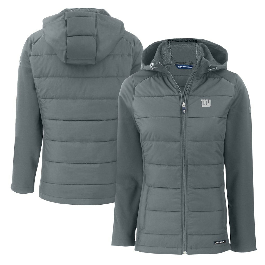 New York Giants Cutter & Buck Women's Evoke Hybrid Eco Softshell Recycled Full-Zip Hoodie Jacket - Gray for sale