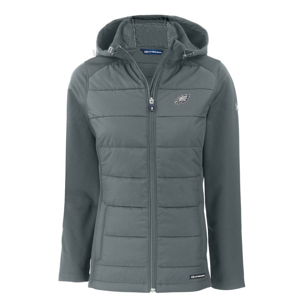 Philadelphia Eagles Cutter & Buck Women's Evoke Hybrid Eco Softshell Recycled Full-Zip Hoodie Jacket - Dark Gray on sale