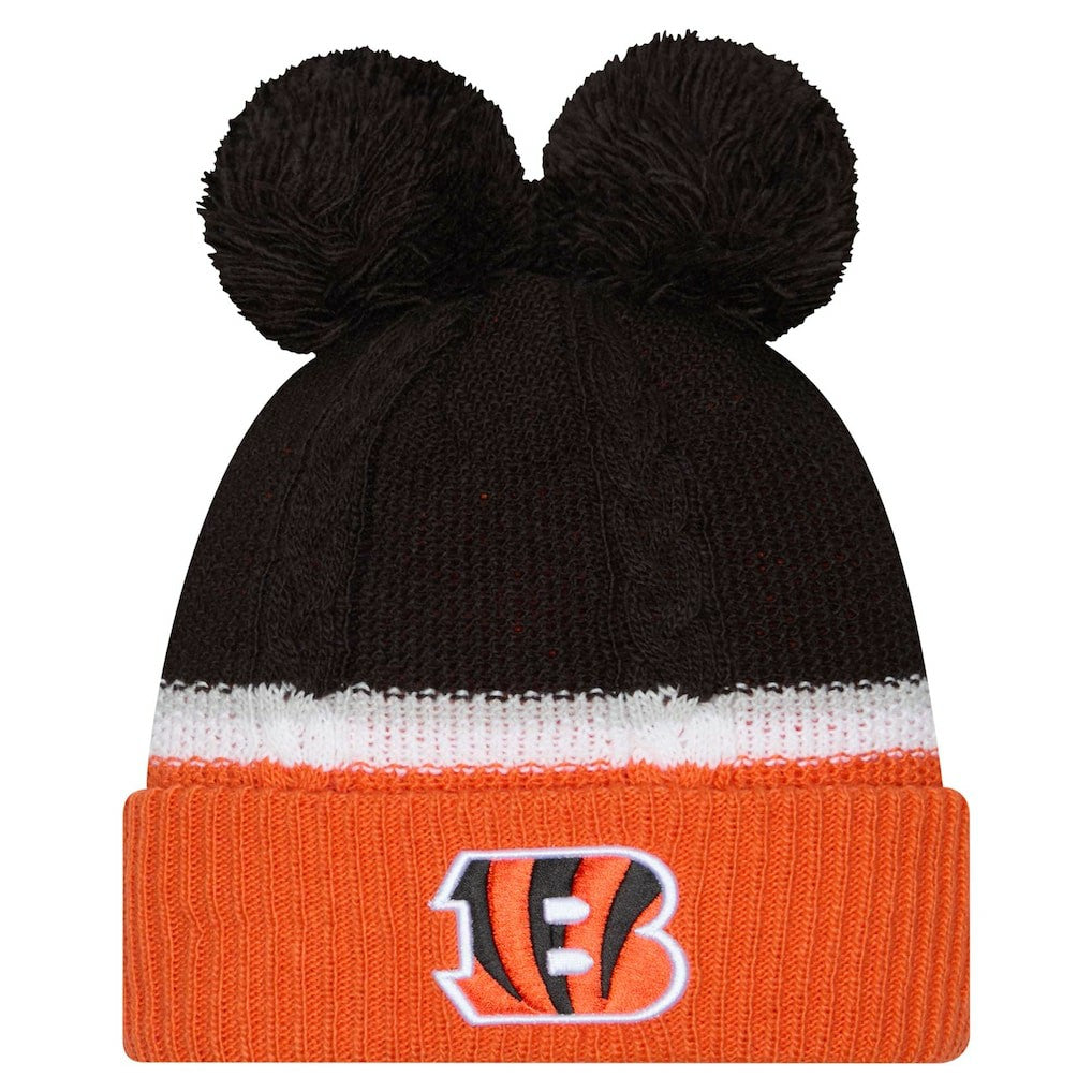 Cincinnati Bengals New Era Women's Double Bubble Cuffed Knit Hat with Poms - Black discount