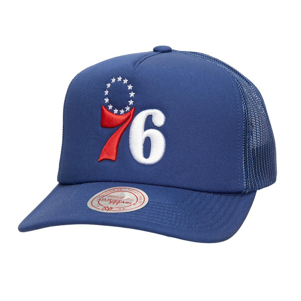 Philadelphia 76ers Core Evergreen OTC Trucker Adjustable Hat - Royal | Mitchell & Ness on sale