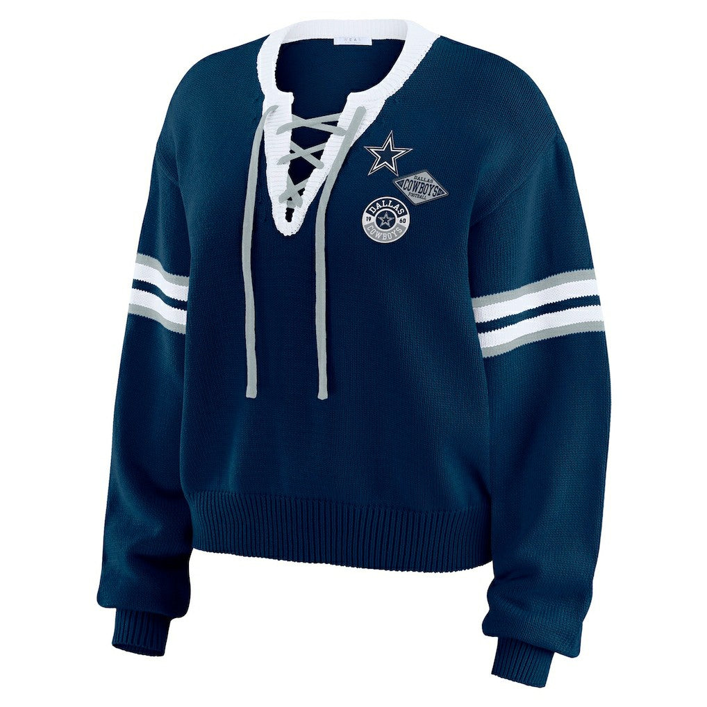 Dallas Cowboys WEAR by Erin Andrews Women's Lace-Up Sweater - Navy for sale