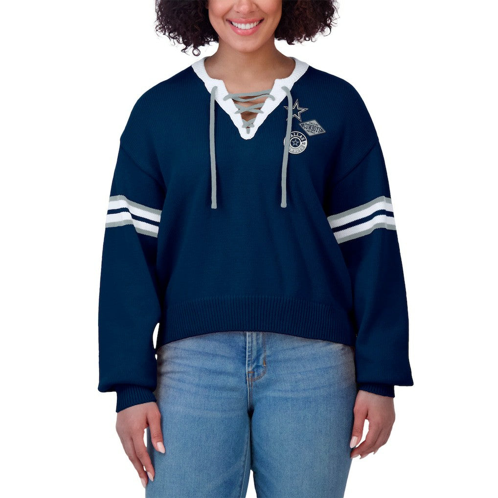 Dallas Cowboys WEAR by Erin Andrews Women's Lace-Up Sweater - Navy for sale