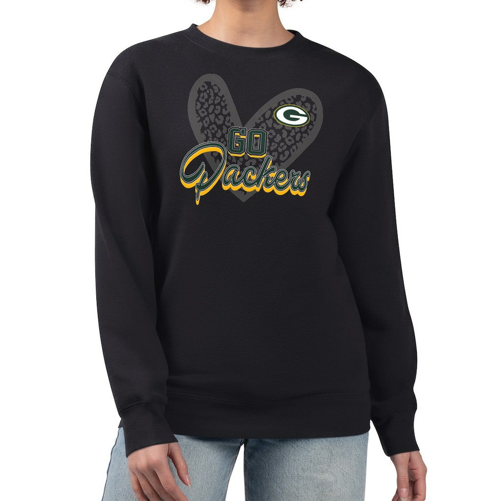 Green Bay Packers G-III 4Her by Carl Banks Women's Leopard Heart Pullover Sweatshirt - Black on sale