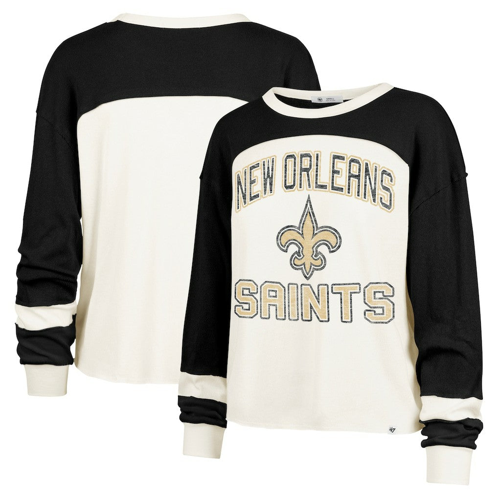 New Orleans Saints '47 Women's Double Header Curve Raglan Long Sleeve Crop Top - Cream on sale