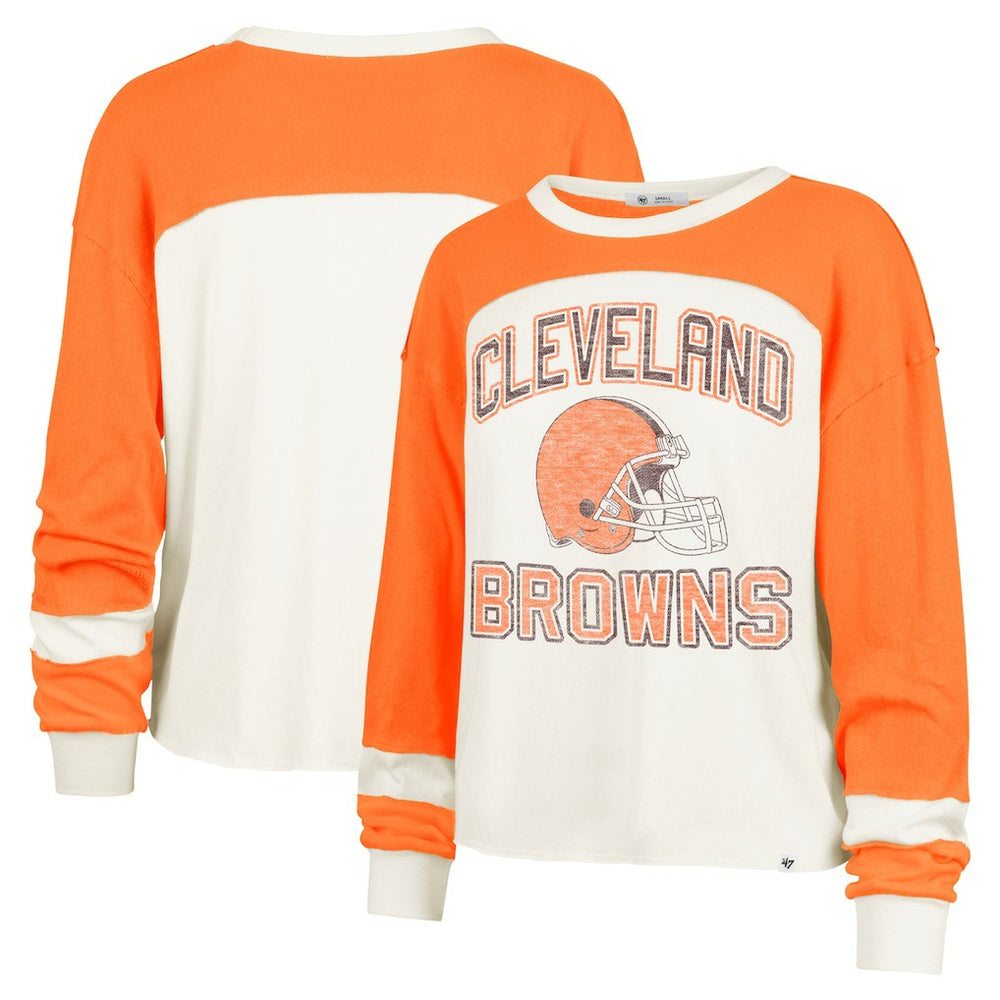 Cleveland Browns '47 Women's Double Header Curve Raglan Long Sleeve Crop Top - Cream sale
