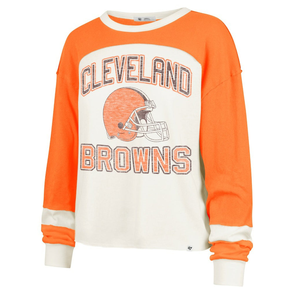 Cleveland Browns '47 Women's Double Header Curve Raglan Long Sleeve Crop Top - Cream sale