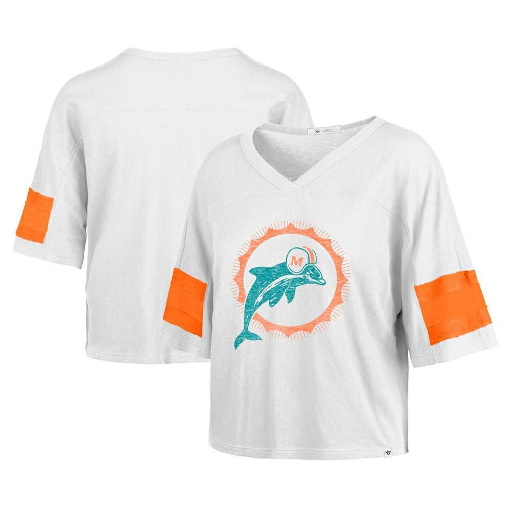 Miami Dolphins '47 Women's Double Header Scout Cropped V-Neck T-Shirt - White for sale