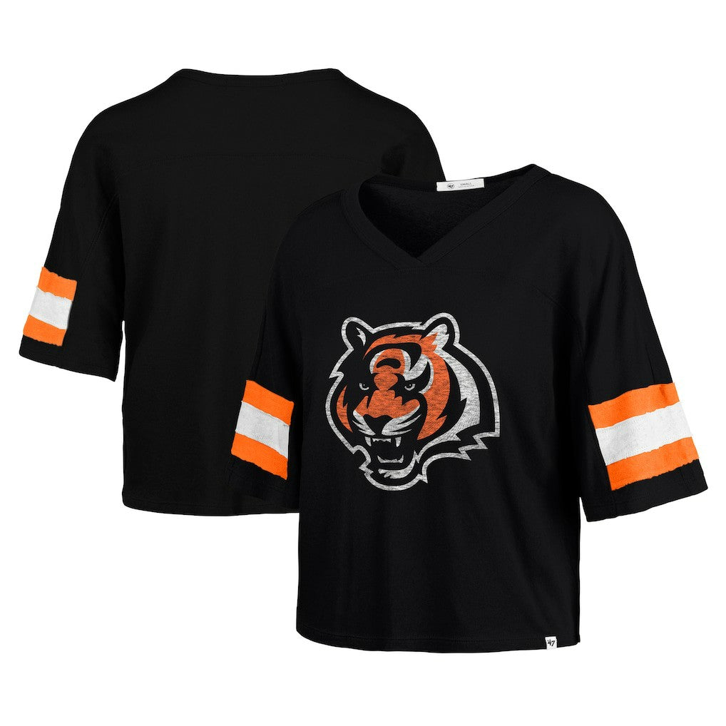 Cincinnati Bengals '47 Women's Double Header Scout Cropped V-Neck T-Shirt - Black on sale