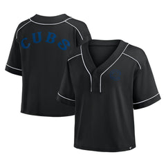 Chicago Cubs Women's Oversized Champ Game Cropped  V-Neck T-Shirt - Black