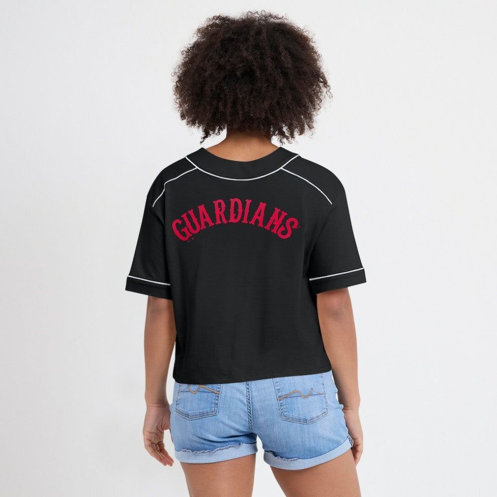 Cleveland Guardians Women's Oversized Champ Game Cropped  V-Neck T-Shirt - Black