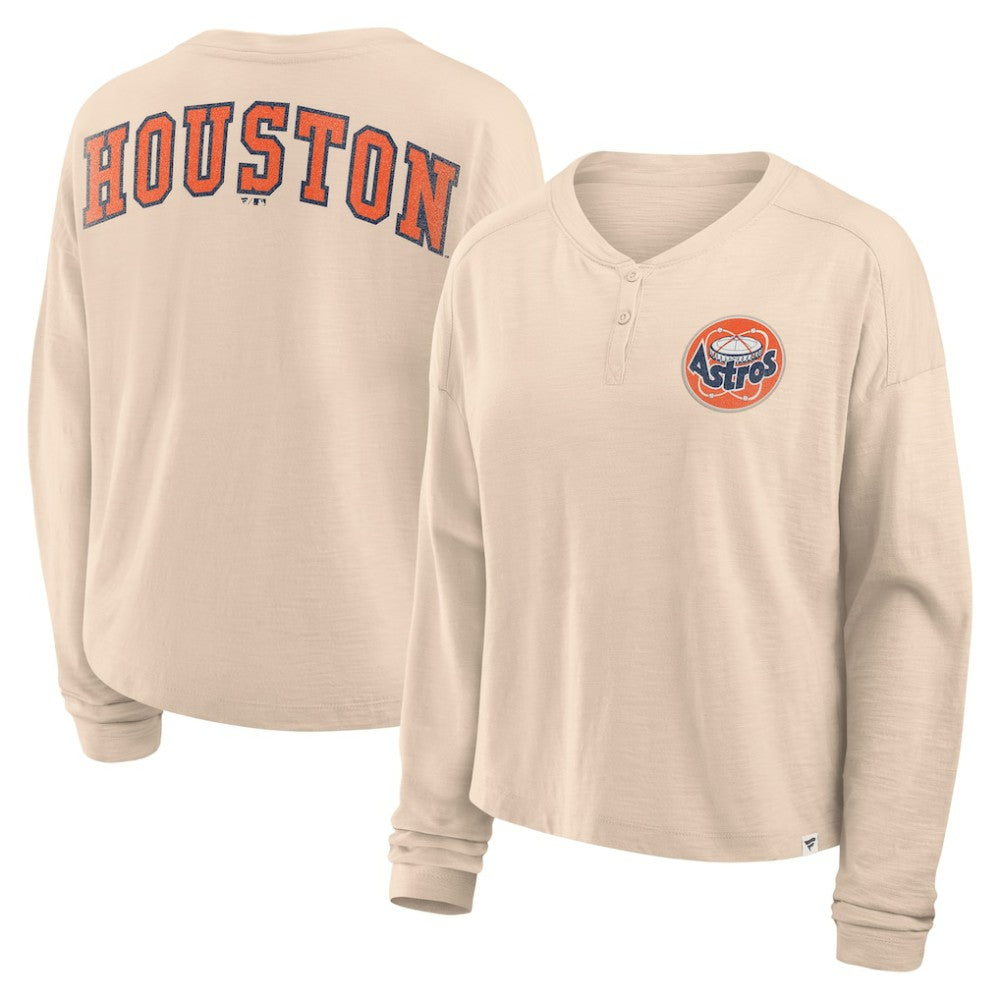 Houston Astros Women's Oversized Stadium Slub Long Sleeve Henley T-Shirt - Tan