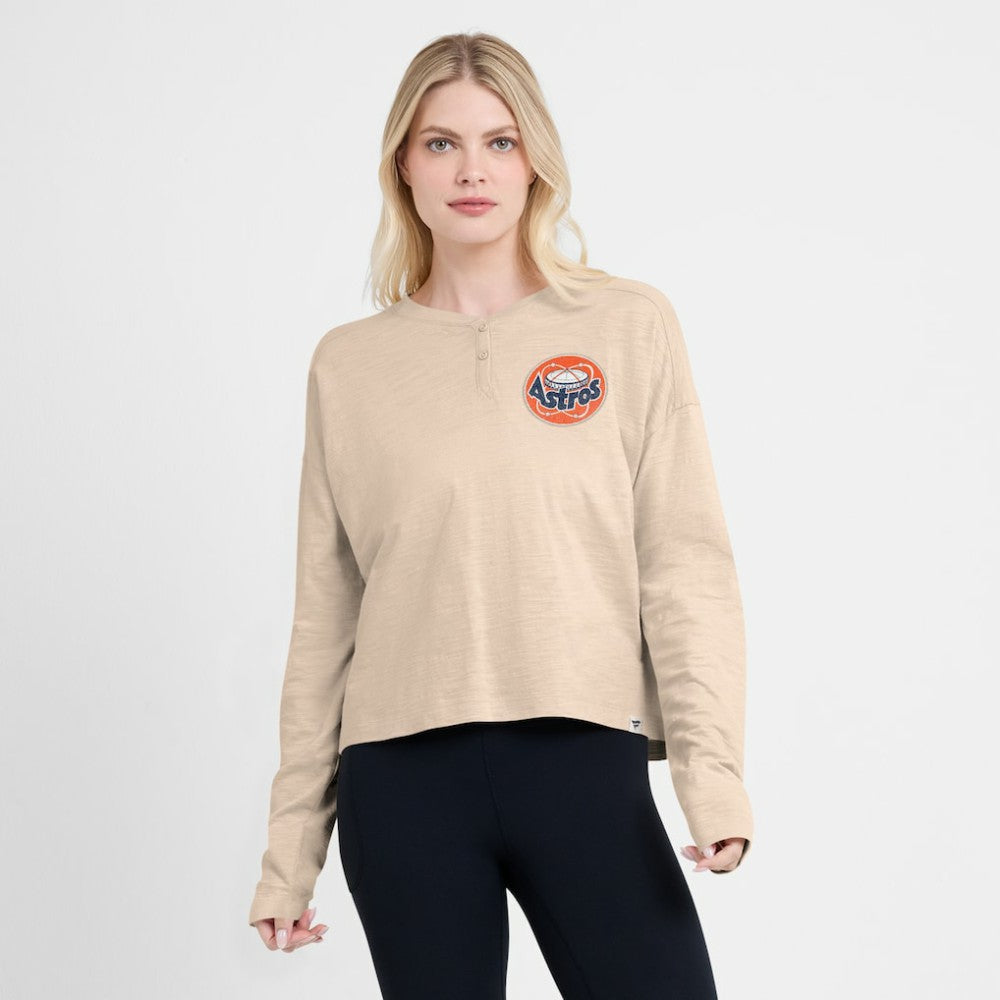 Houston Astros Women's Oversized Stadium Slub Long Sleeve Henley T-Shirt - Tan