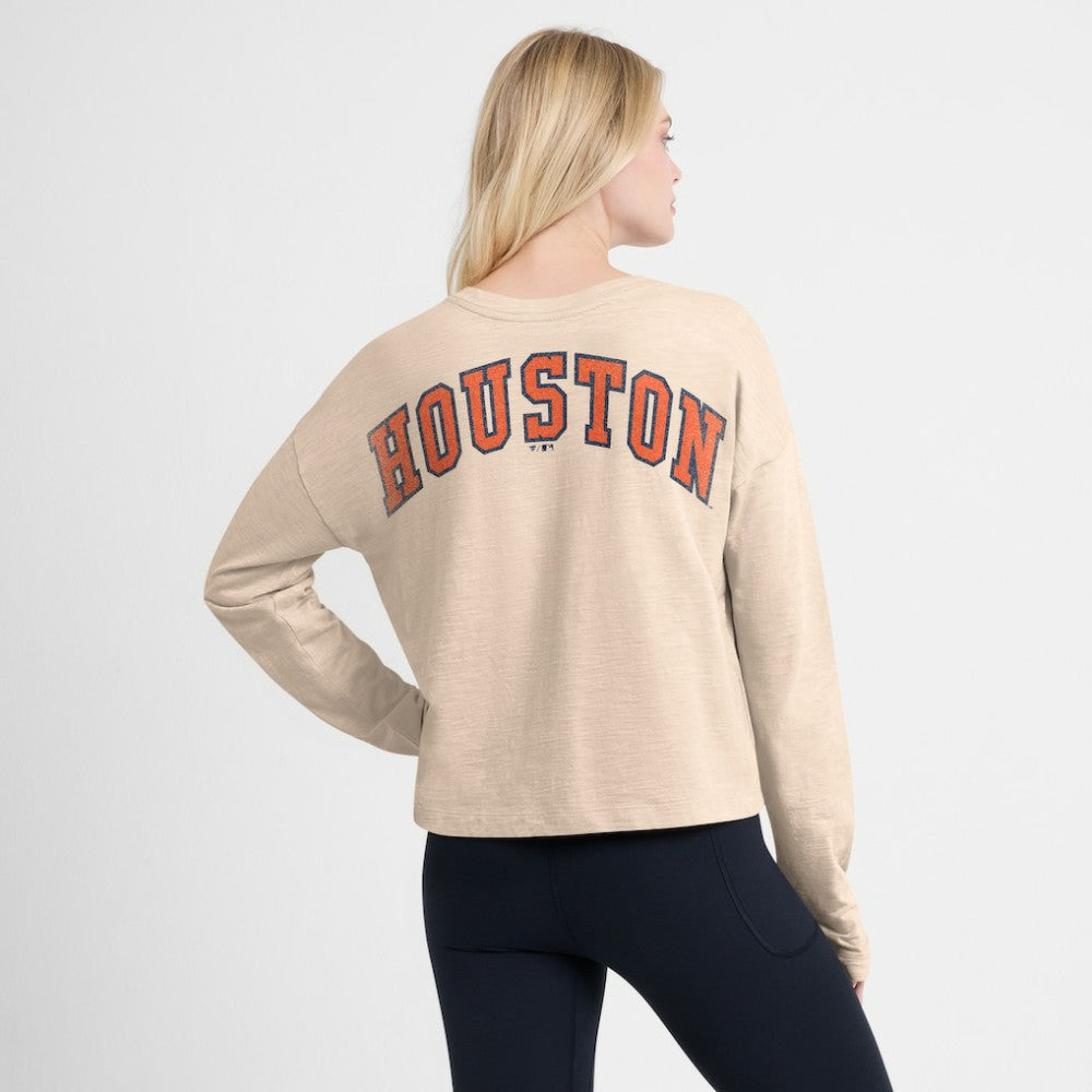 Houston Astros Women's Oversized Stadium Slub Long Sleeve Henley T-Shirt - Tan