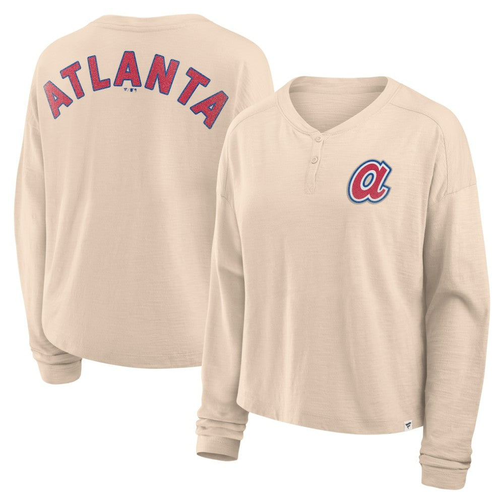 Atlanta Braves Women's Oversized Stadium Slub Long Sleeve Henley T-Shirt - Tan