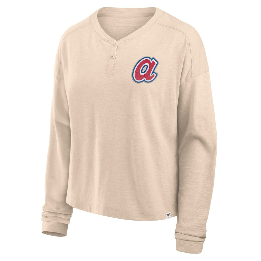 Atlanta Braves Women's Oversized Stadium Slub Long Sleeve Henley T-Shirt - Tan