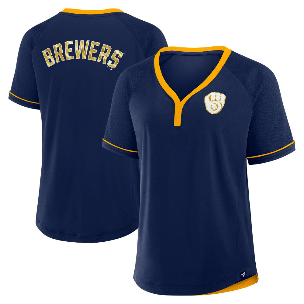 Milwaukee Brewers Women's League Diva Star Raglan V-Neck T-Shirt - Navy