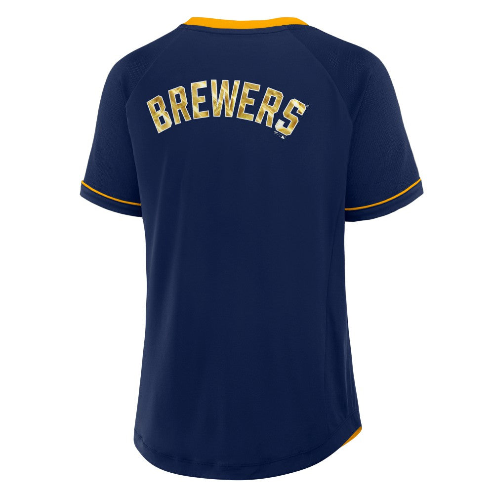 Milwaukee Brewers Women's League Diva Star Raglan V-Neck T-Shirt - Navy