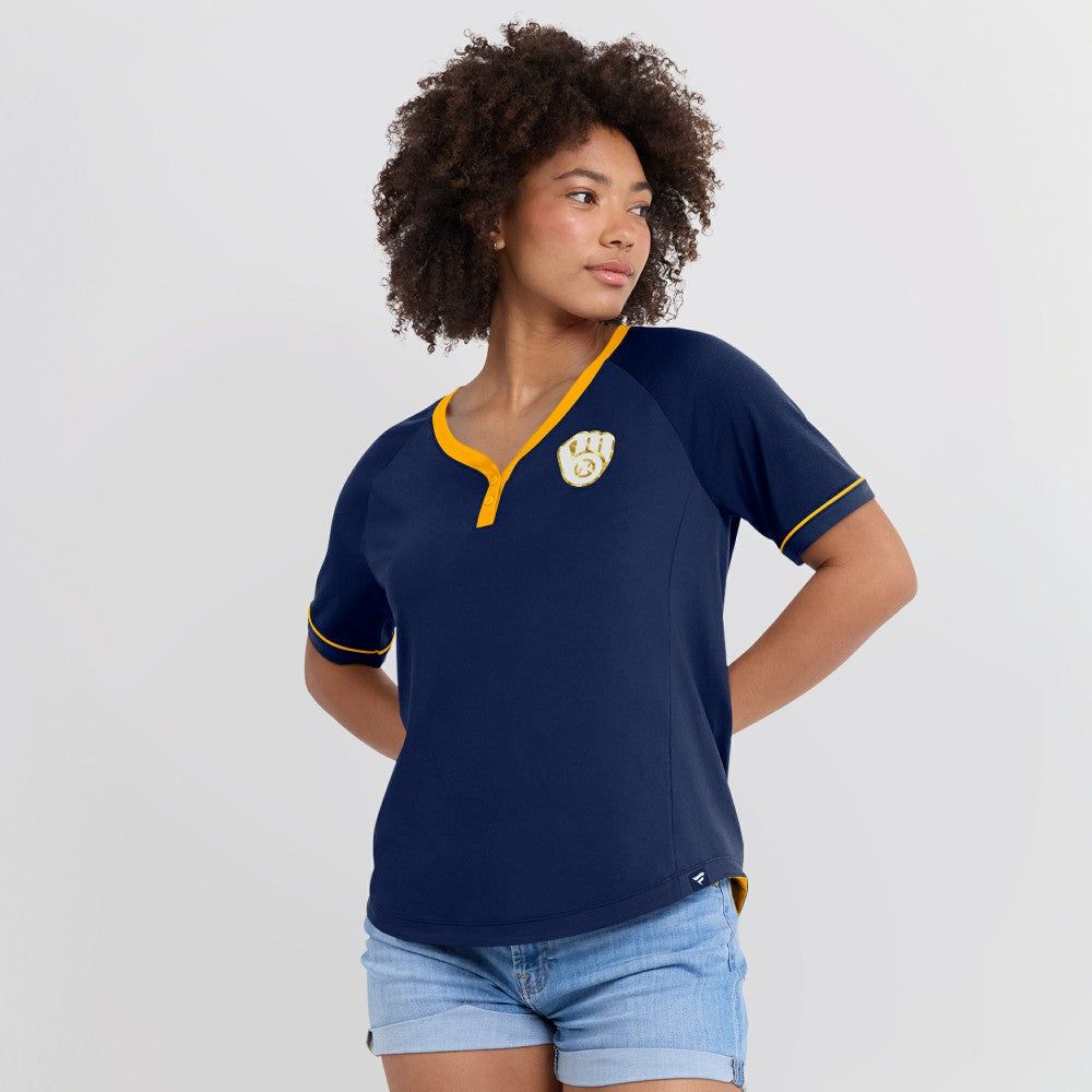 Milwaukee Brewers Women's League Diva Star Raglan V-Neck T-Shirt - Navy