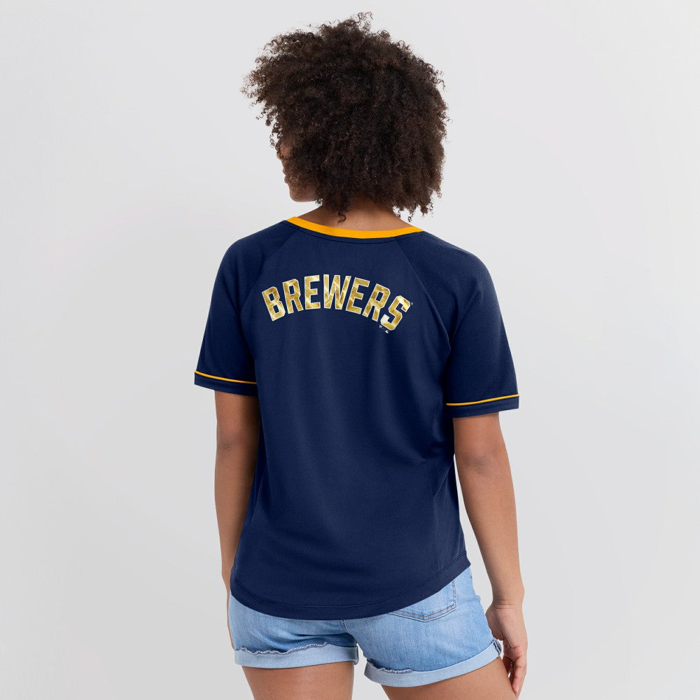 Milwaukee Brewers Women's League Diva Star Raglan V-Neck T-Shirt - Navy