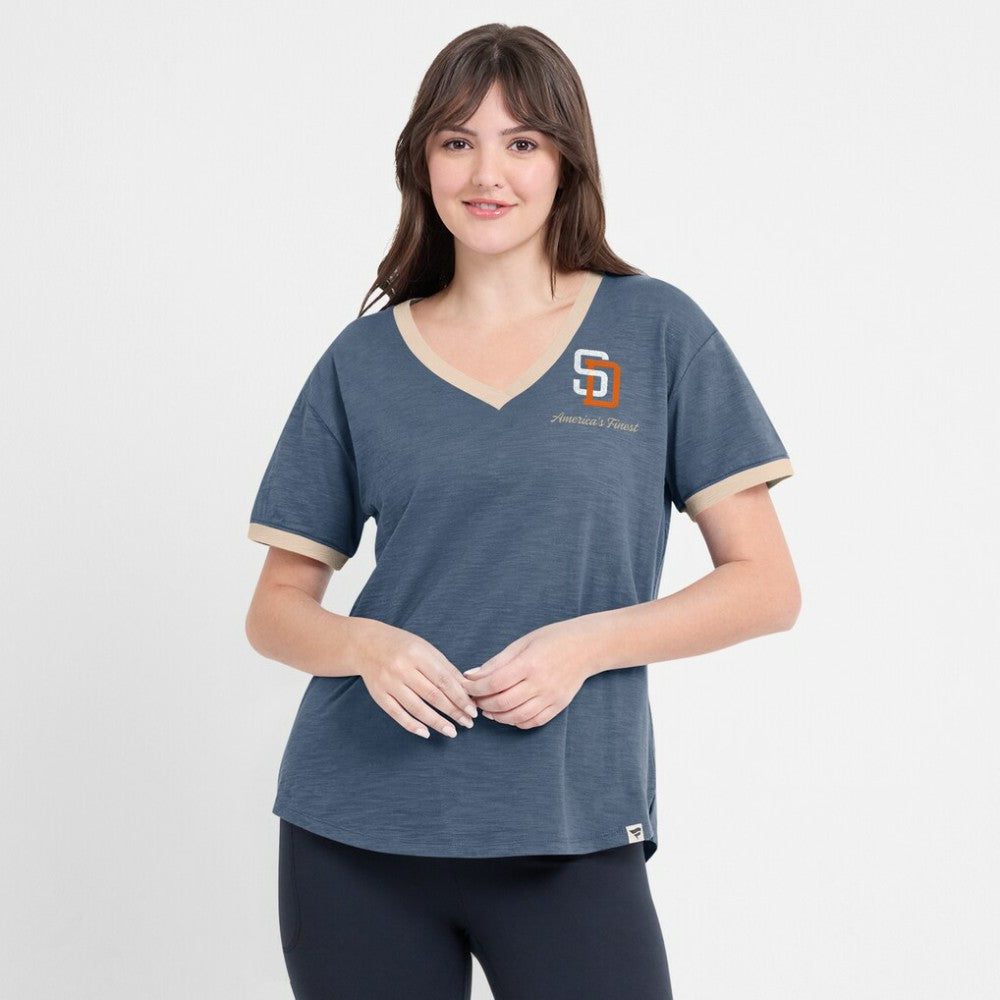 San Diego Padres Women's Binge Worthy Stadium Slub V-Neck T-Shirt - Navy