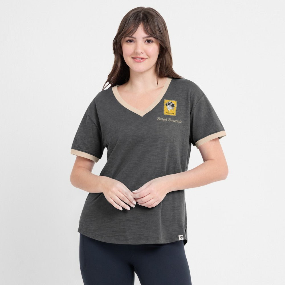 Pittsburgh Pirates Women's Binge Worthy Stadium Slub V-Neck T-Shirt - Black