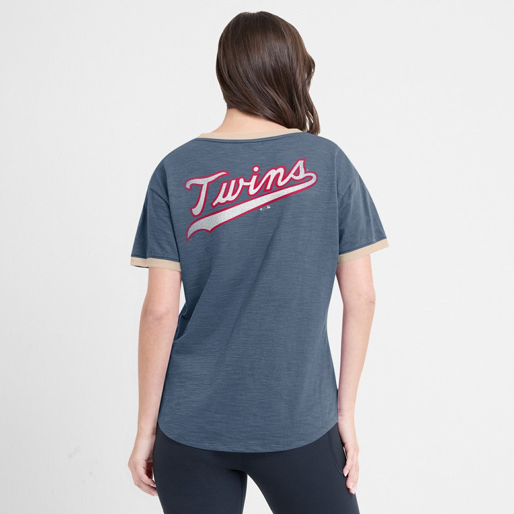 Minnesota Twins Women's Binge Worthy Stadium Slub V-Neck T-Shirt - Navy