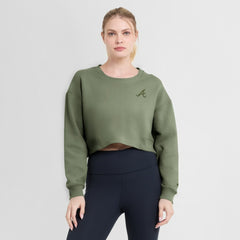 Atlanta Braves Women's Studio Cropped Pullover Sweatshirt - Olive