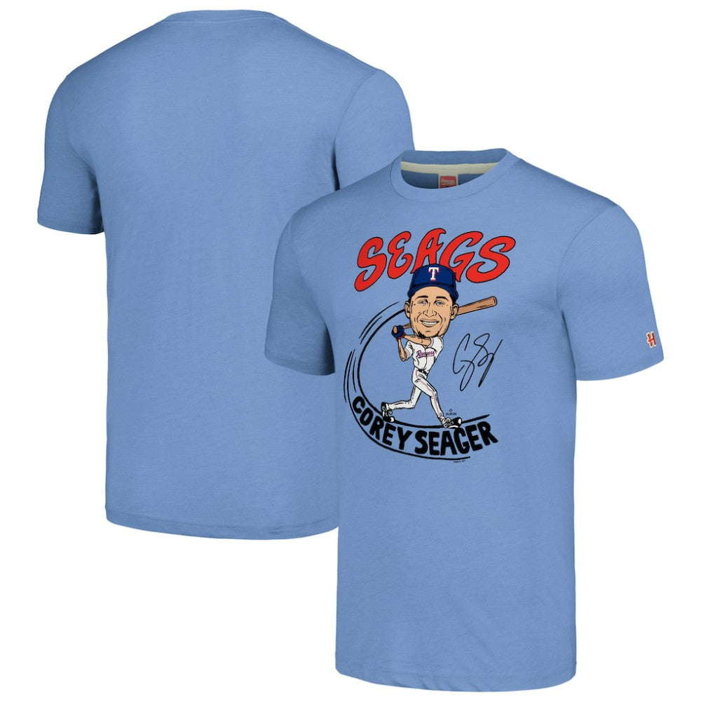 Corey Seager Texas Rangers Homage Caricature Player Tri-Blend T-Shirt - Light Blue
