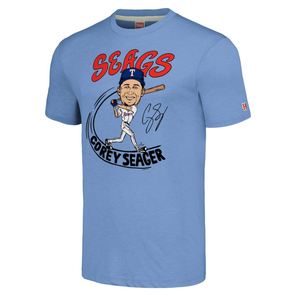 Corey Seager Texas Rangers Homage Caricature Player Tri-Blend T-Shirt - Light Blue