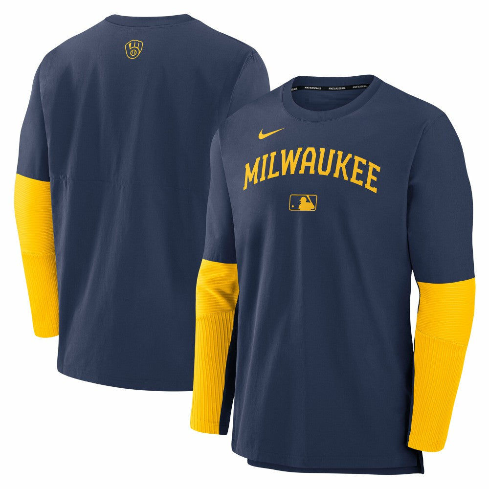 Milwaukee Brewers Authentic Collection Player Dri-FIT Lightweight Pullover  - Navy/Gold | Nike