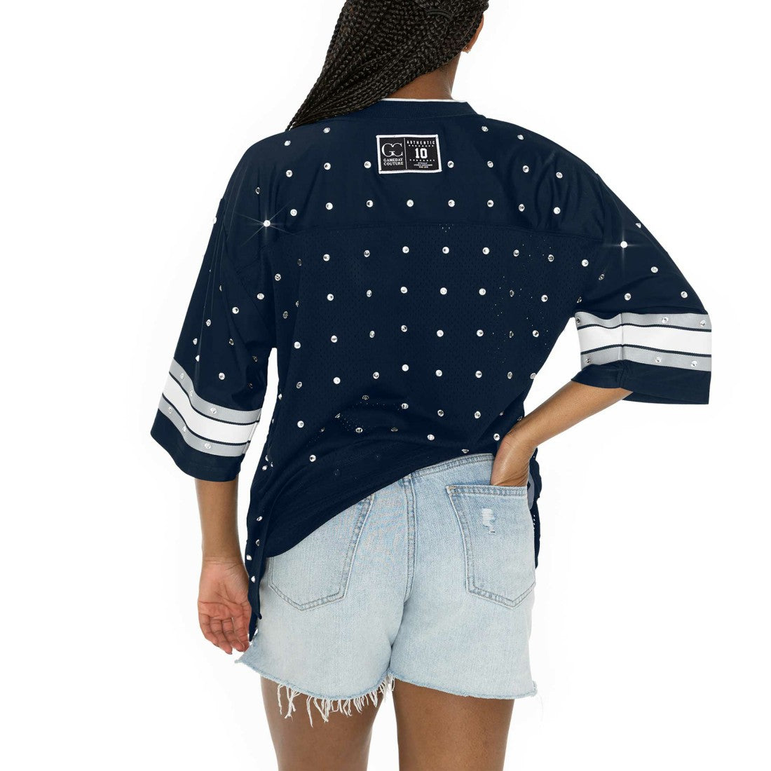Dallas Cowboys Gameday Couture Women's Kickoff Time Allover Rhinestone Sports Stripe Jersey V-Neck T-Shirt - Navy outlet