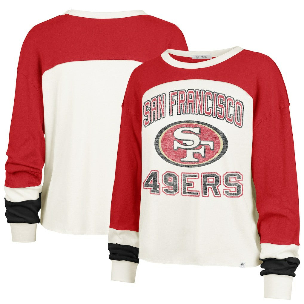 San Francisco 49ers '47 Women's Plus Size Double Header Curve Toni Long Sleeve T-Shirt - Cream/Scarlet for sale