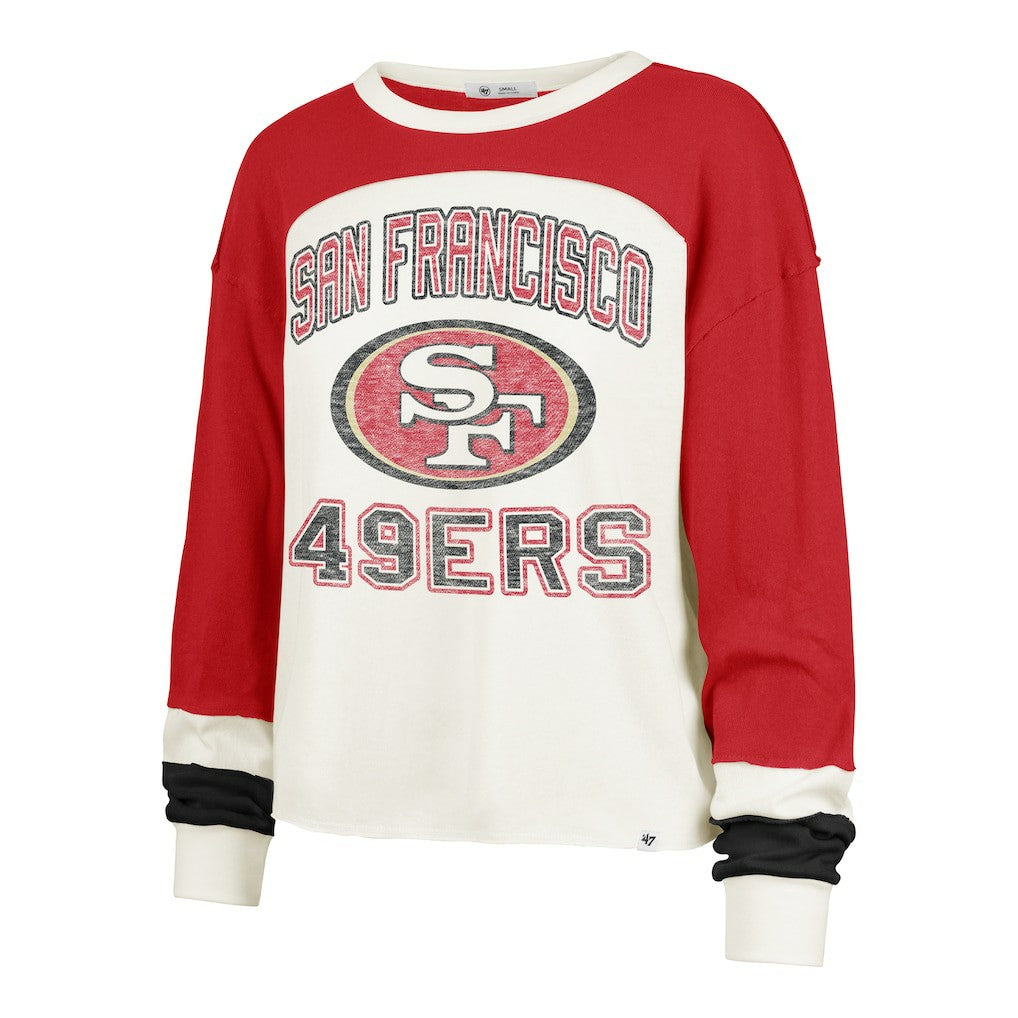 San Francisco 49ers '47 Women's Plus Size Double Header Curve Toni Long Sleeve T-Shirt - Cream/Scarlet for sale