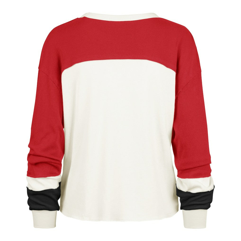 San Francisco 49ers '47 Women's Plus Size Double Header Curve Toni Long Sleeve T-Shirt - Cream/Scarlet for sale
