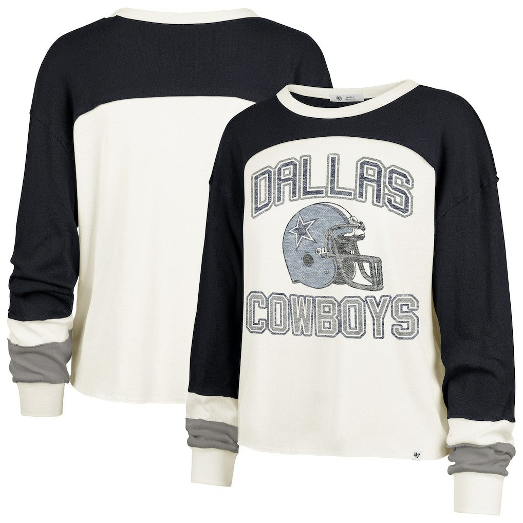 Dallas Cowboys '47 Women's Plus Size Double Header Curve Toni Long Sleeve T-Shirt - Cream/Navy for sale
