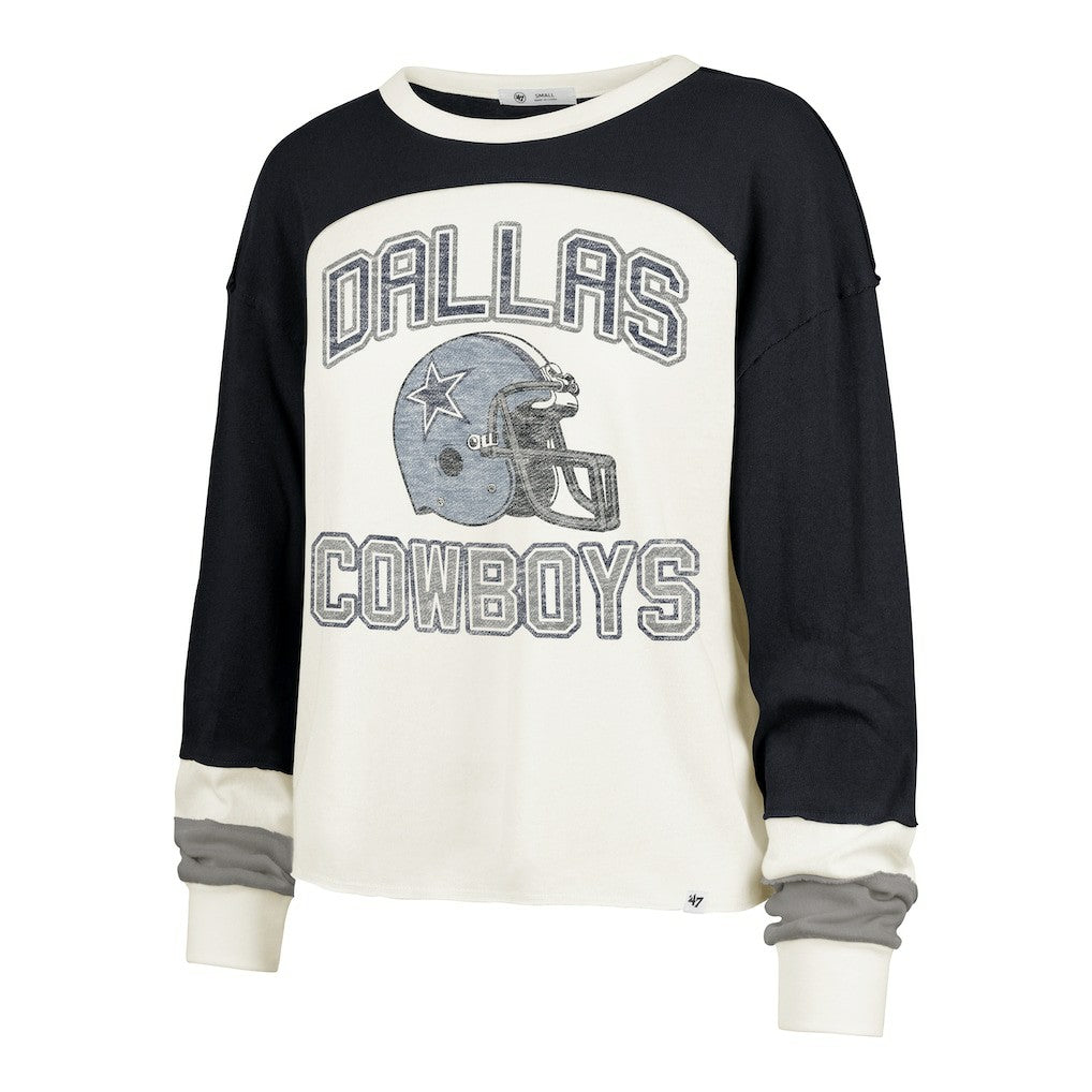 Dallas Cowboys '47 Women's Plus Size Double Header Curve Toni Long Sleeve T-Shirt - Cream/Navy for sale