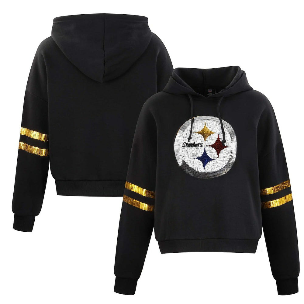 Pittsburgh Steelers Cuce Women's Cropped Sequins Pullover Hoodie - Black sale