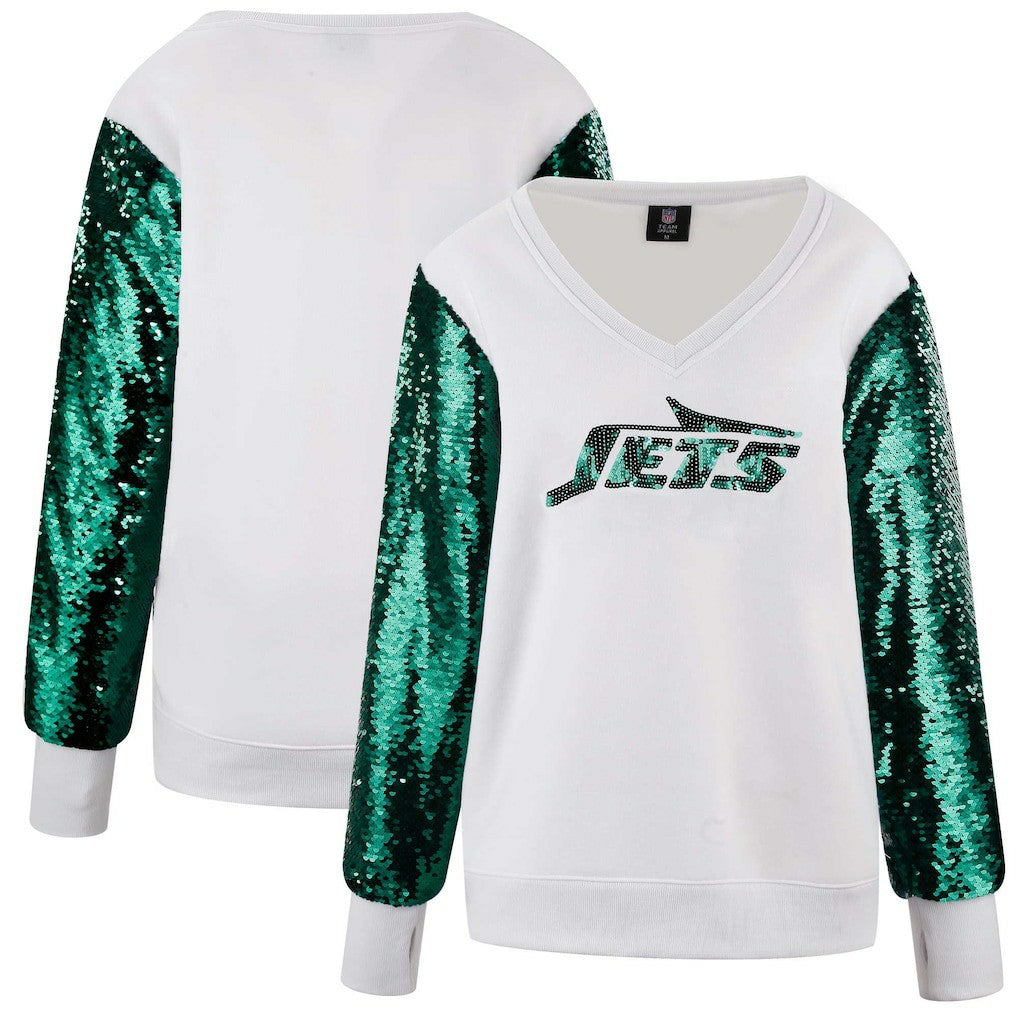 New York Jets Cuce Women's Sequin Sleeve V-Neck Pullover Sweatshirt- White sale