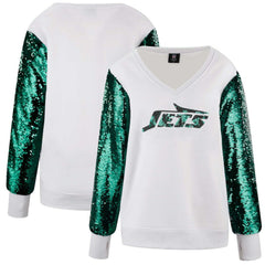 New York Jets Cuce Women's Sequin Sleeve V-Neck Pullover Sweatshirt- White sale