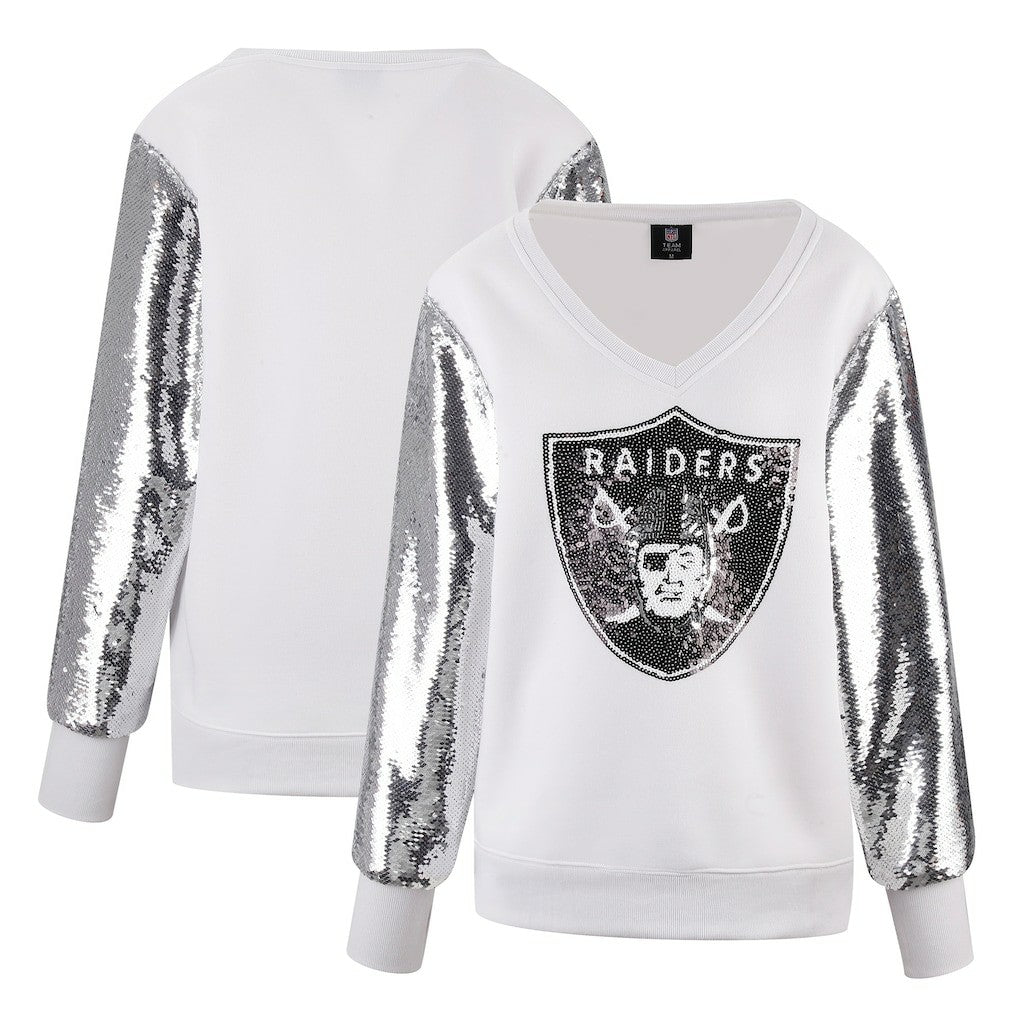 Las Vegas Raiders Cuce Women's Sequin Sleeve V-Neck Pullover Sweatshirt- White sale