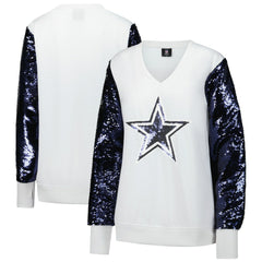 Dallas Cowboys Cuce Women's Sequin Sleeve V-Neck Pullover Sweatshirt- White for sale