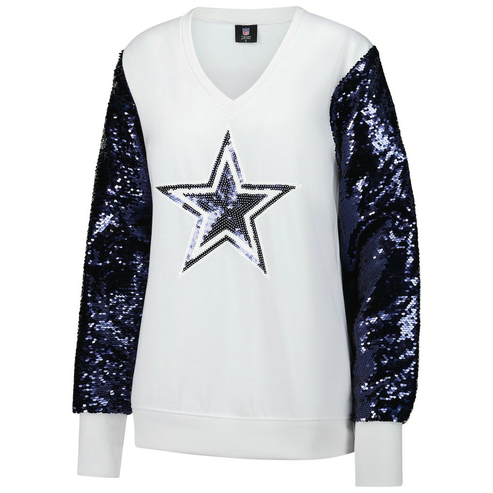 Dallas Cowboys Cuce Women's Sequin Sleeve V-Neck Pullover Sweatshirt- White for sale