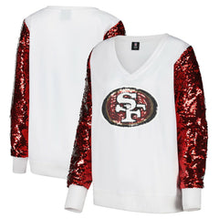 San Francisco 49ers Cuce Women's Sequin Sleeve V-Neck Pullover Sweatshirt- White discount