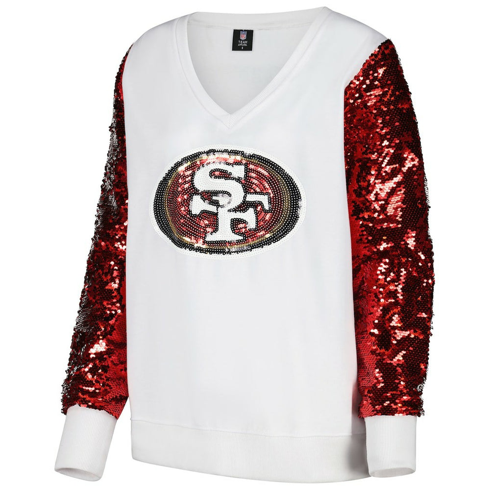 San Francisco 49ers Cuce Women's Sequin Sleeve V-Neck Pullover Sweatshirt- White discount